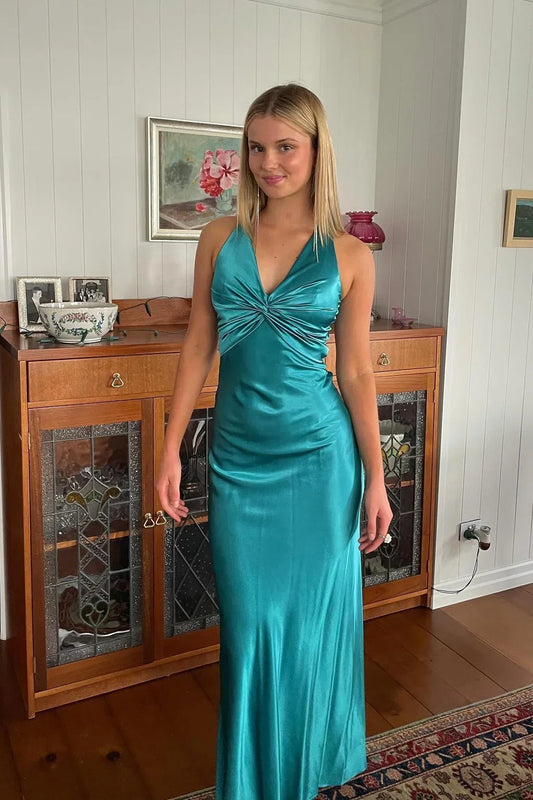 Elegant Halter Neck Deep V Open Back Twist Detail Bow Sash Satin Bodycon Maxi Prom Dress For Formal Evening Gala Wedding Guest Bridesmaid