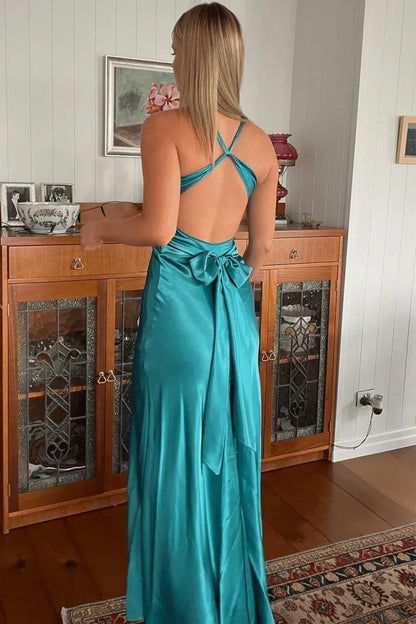 Elegant Halter Neck Deep V Open Back Twist Detail Bow Sash Satin Bodycon Maxi Prom Dress For Formal Evening Gala Wedding Guest Bridesmaid