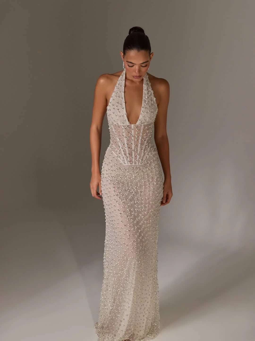 Elegant Halter Neck Deep V Sheer Mesh Fully Beaded Corset Bodice Mermaid Maxi Prom Dress For Formal Evening Red Carpet