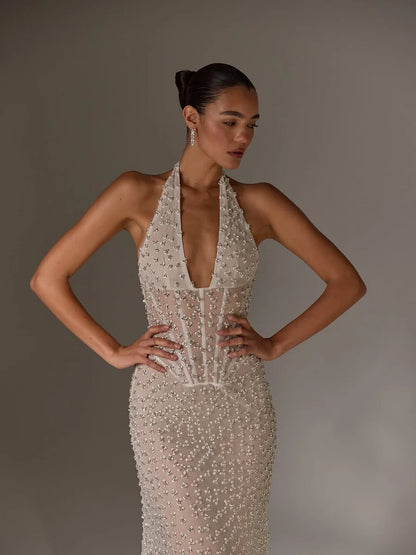 Elegant Halter Neck Deep V Sheer Mesh Fully Beaded Corset Bodice Mermaid Maxi Prom Dress For Formal Evening Red Carpet