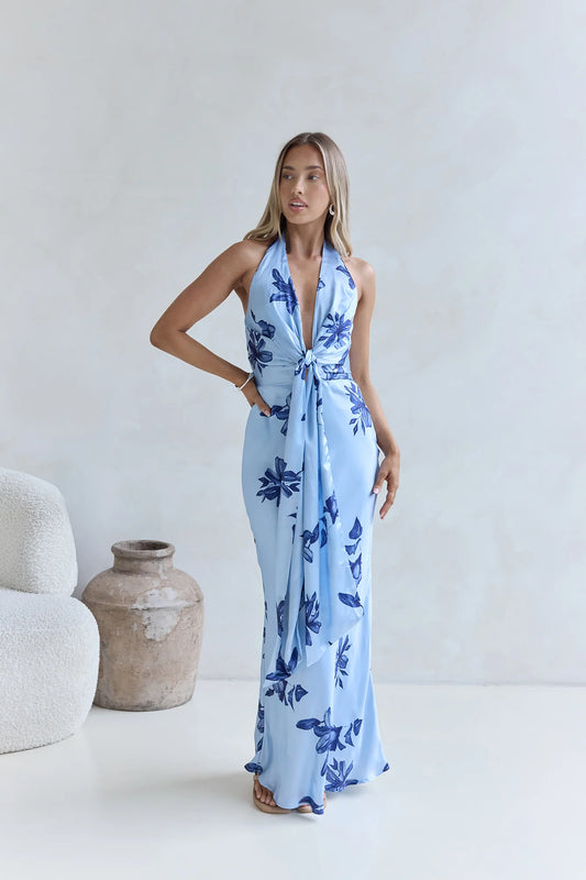 Elegant Halter Neck Deep V Tie Front Floral Print Satin Bodycon Maxi Prom Dress For Wedding Guest Bridal Shower Formal Evening