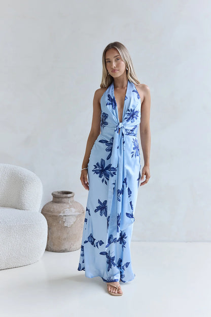 Elegant Halter Neck Deep V Tie Front Floral Print Satin Bodycon Maxi Prom Dress For Wedding Guest Bridal Shower Formal Evening