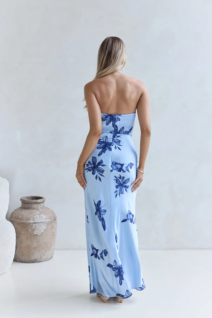 Elegant Halter Neck Deep V Tie Front Floral Print Satin Bodycon Maxi Prom Dress For Wedding Guest Bridal Shower Formal Evening