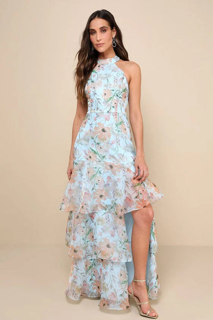 Elegant Halter Neck Floral Print Tiered Ruffle High Slit Chiffon Maxi Prom Dress For Formal Evening Gala Wedding Guest Bridesmaid