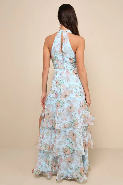 Elegant Halter Neck Floral Print Tiered Ruffle High Slit Chiffon Maxi Prom Dress For Formal Evening Gala Wedding Guest Bridesmaid