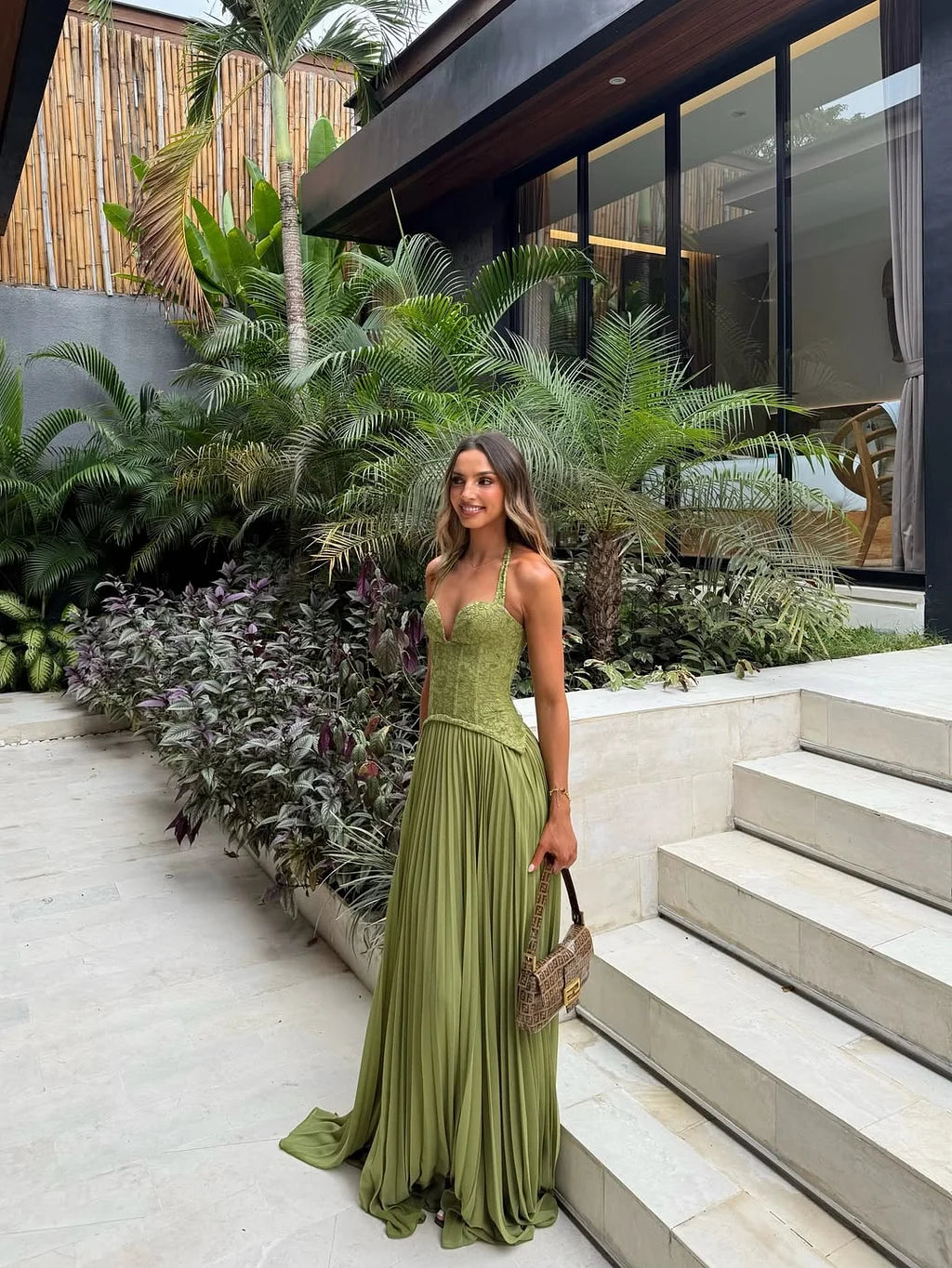 Elegant Halter Neck Lace Corset Backless Pleated Chiffon Maxi Prom Dress