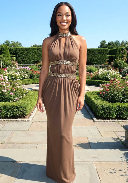 Elegant Halter Neck Open Back Beaded Detail Ruched Maxi Prom Dress