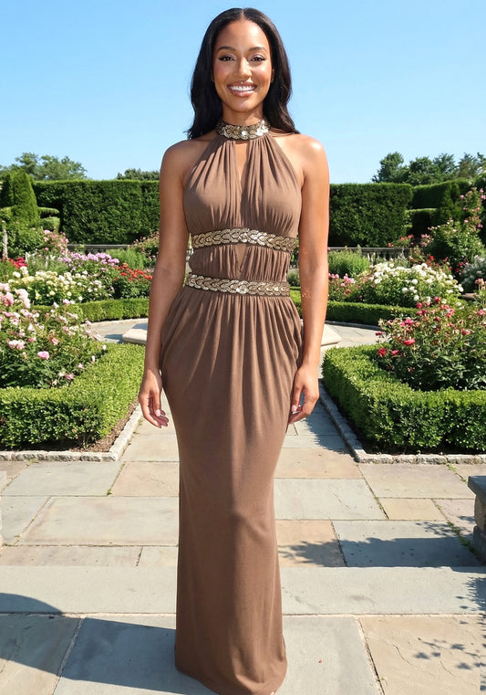Elegant Halter Neck Open Back Beaded Detail Ruched Maxi Prom Dress