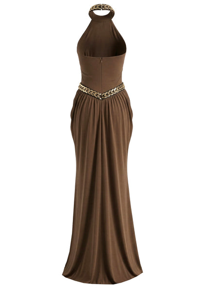 Elegant Halter Neck Open Back Beaded Detail Ruched Maxi Prom Dress