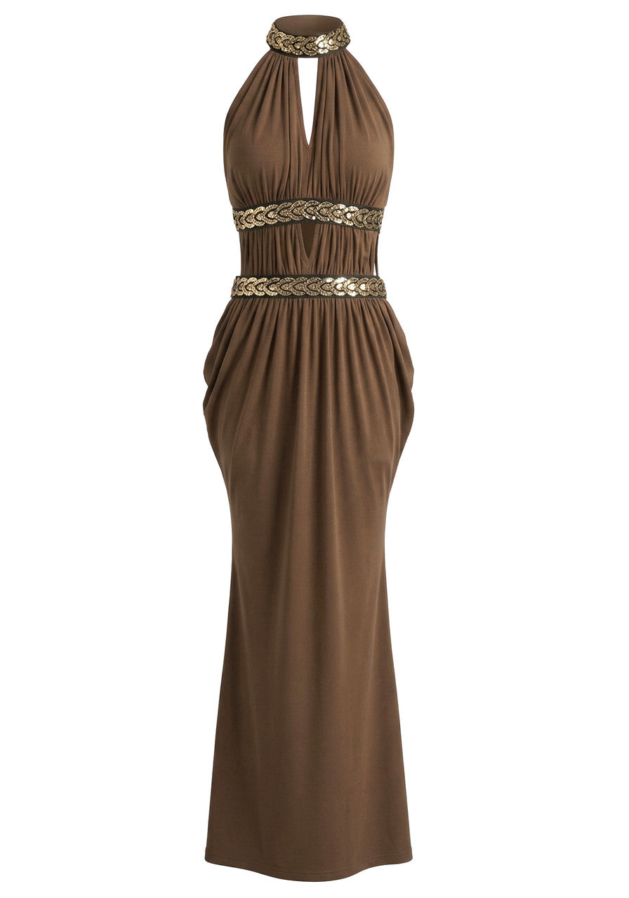 Elegant Halter Neck Open Back Beaded Detail Ruched Maxi Prom Dress