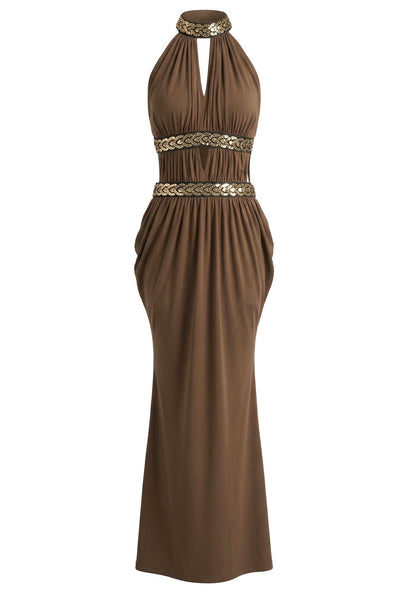 Elegant Halter Neck Open Back Beaded Detail Ruched Maxi Prom Dress