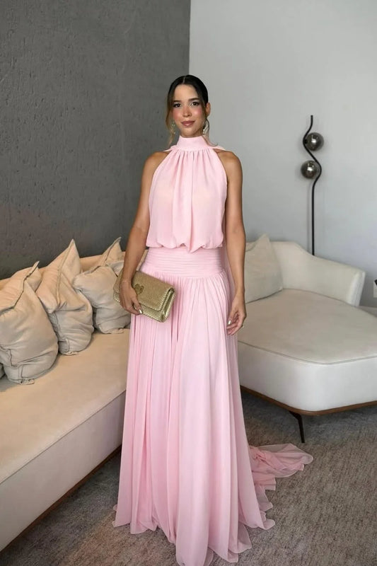 Elegant Halter Neck Open Back Cape Sleeve Chiffon Maxi Prom Dress with Ruched Waist and Trailing Train