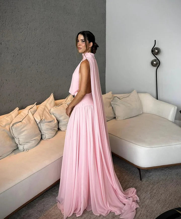 Elegant Halter Neck Open Back Cape Sleeve Chiffon Maxi Prom Dress with Ruched Waist and Trailing Train