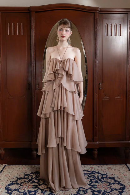 Elegant Halter Neck Open Back Cross Strap Ruffle Layered Chiffon Maxi Prom Dress For Formal Evening Wedding Guest