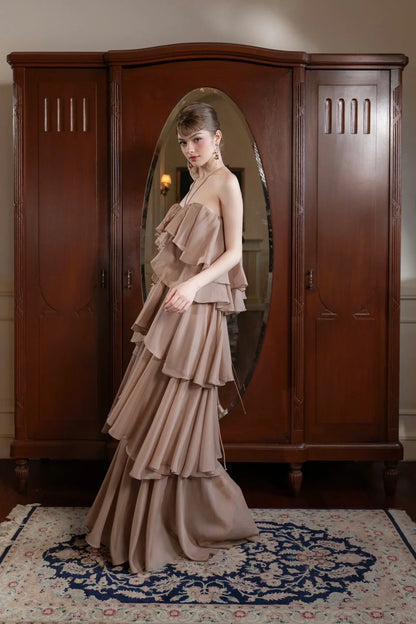 Elegant Halter Neck Open Back Cross Strap Ruffle Layered Chiffon Maxi Prom Dress For Formal Evening Wedding Guest