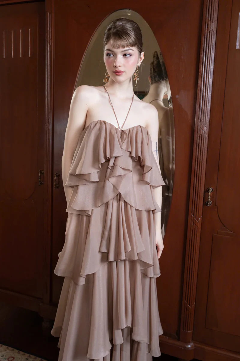 Elegant Halter Neck Open Back Cross Strap Ruffle Layered Chiffon Maxi Prom Dress For Formal Evening Wedding Guest
