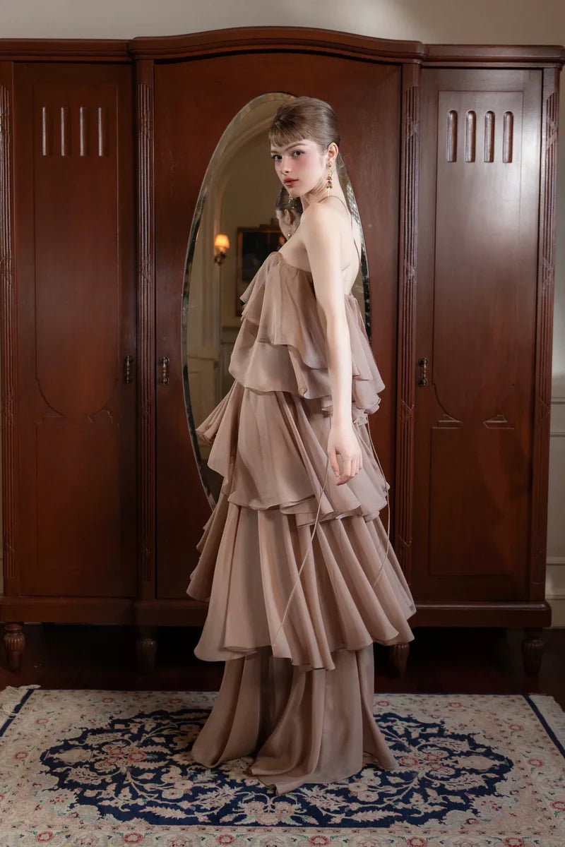 Elegant Halter Neck Open Back Cross Strap Ruffle Layered Chiffon Maxi Prom Dress For Formal Evening Wedding Guest