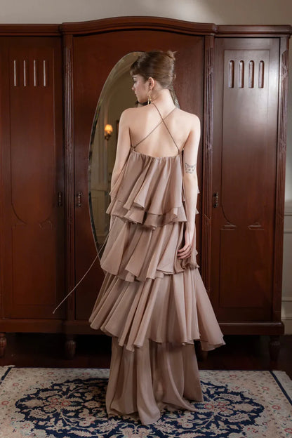 Elegant Halter Neck Open Back Cross Strap Ruffle Layered Chiffon Maxi Prom Dress For Formal Evening Wedding Guest