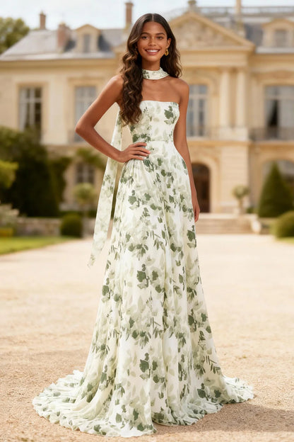 Elegant Halter Neck Open Back Leaf Print Chiffon Maxi Evening Dress