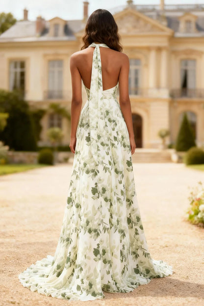 Elegant Halter Neck Open Back Leaf Print Chiffon Maxi Evening Dress