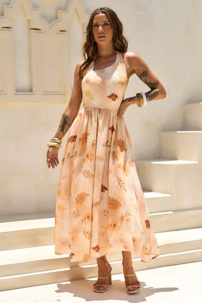 Elegant Halter Neck Open Back Ruched Waist Leaf Print Chiffon A Line Maxi Prom Dress For Formal Evening Gala Wedding Guest Bridesmaid Vacation