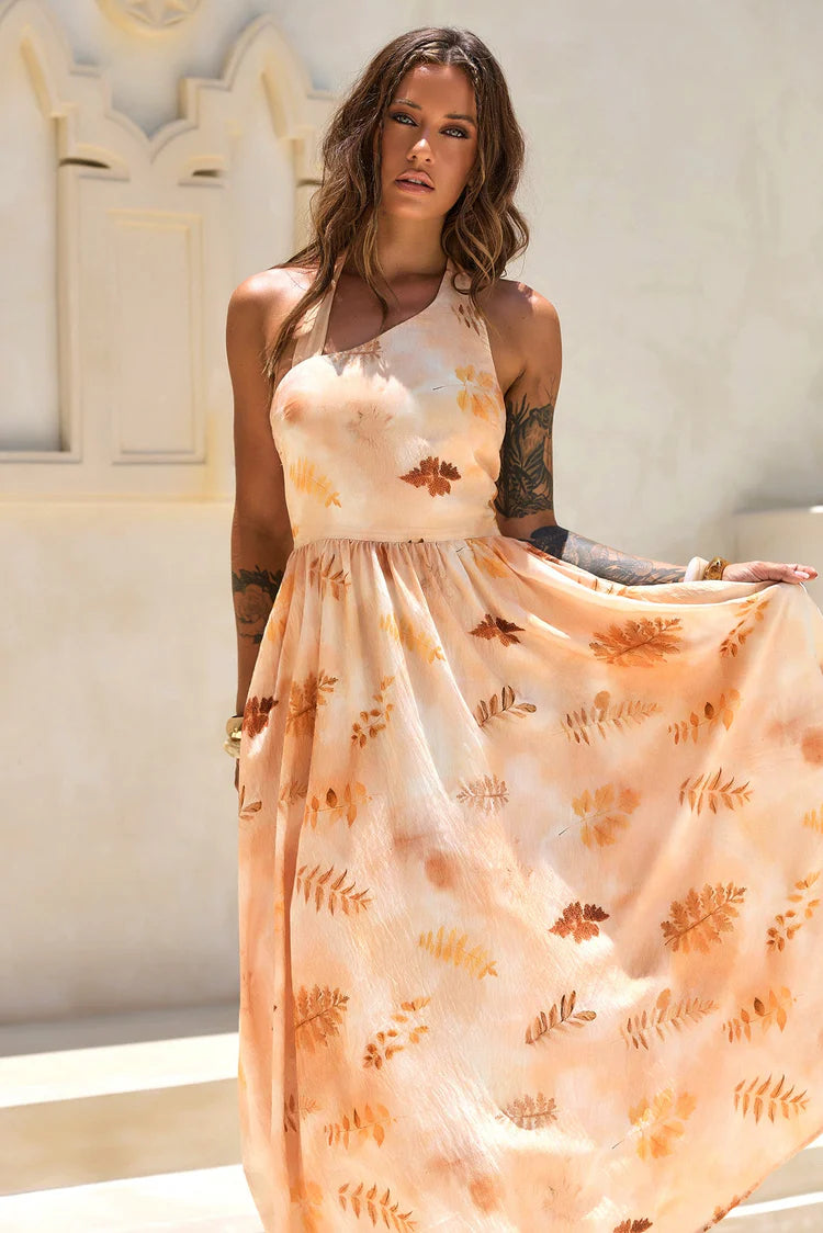 Elegant Halter Neck Open Back Ruched Waist Leaf Print Chiffon A Line Maxi Prom Dress For Formal Evening Gala Wedding Guest Bridesmaid Vacation