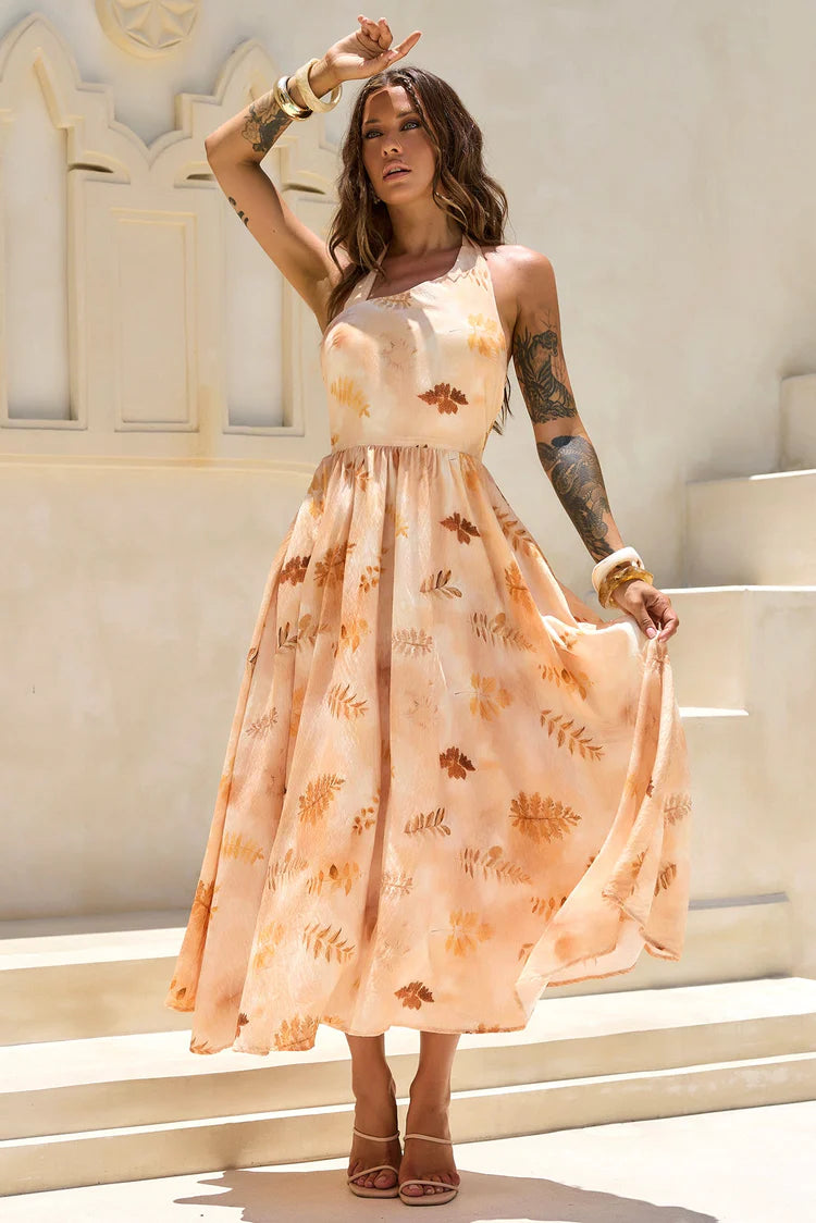 Elegant Halter Neck Open Back Ruched Waist Leaf Print Chiffon A Line Maxi Prom Dress For Formal Evening Gala Wedding Guest Bridesmaid Vacation