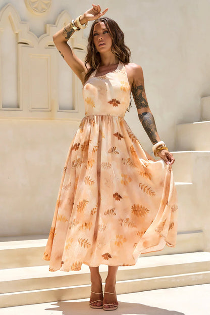 Elegant Halter Neck Open Back Ruched Waist Leaf Print Chiffon A Line Maxi Prom Dress For Formal Evening Gala Wedding Guest Bridesmaid Vacation