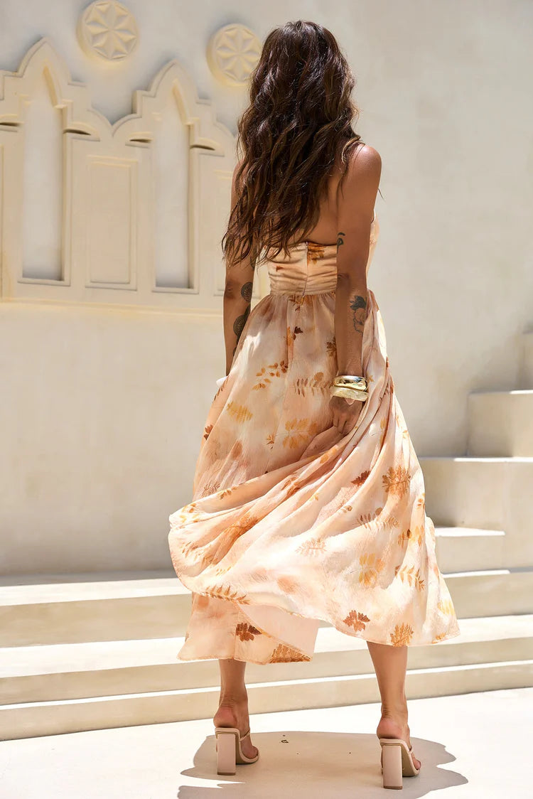 Elegant Halter Neck Open Back Ruched Waist Leaf Print Chiffon A Line Maxi Prom Dress For Formal Evening Gala Wedding Guest Bridesmaid Vacation