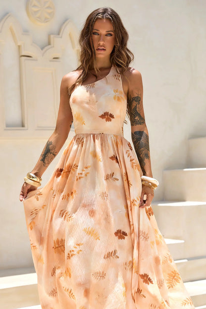 Elegant Halter Neck Open Back Ruched Waist Leaf Print Chiffon A Line Maxi Prom Dress For Formal Evening Gala Wedding Guest Bridesmaid Vacation
