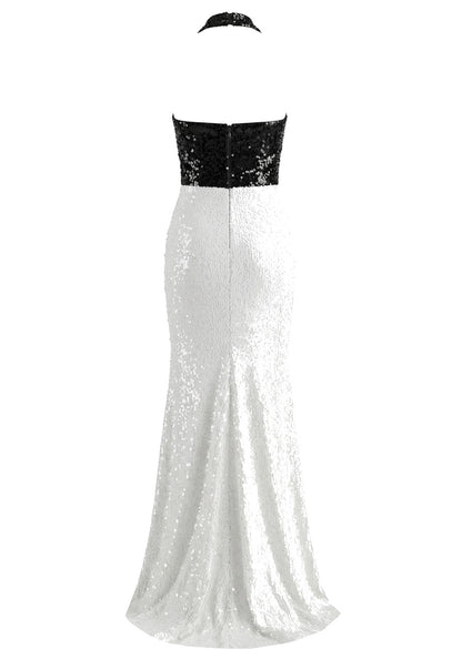 Elegant Halter Neck Open Back Sequin Color Block Rhinestone Detail Mermaid Maxi Prom Dress