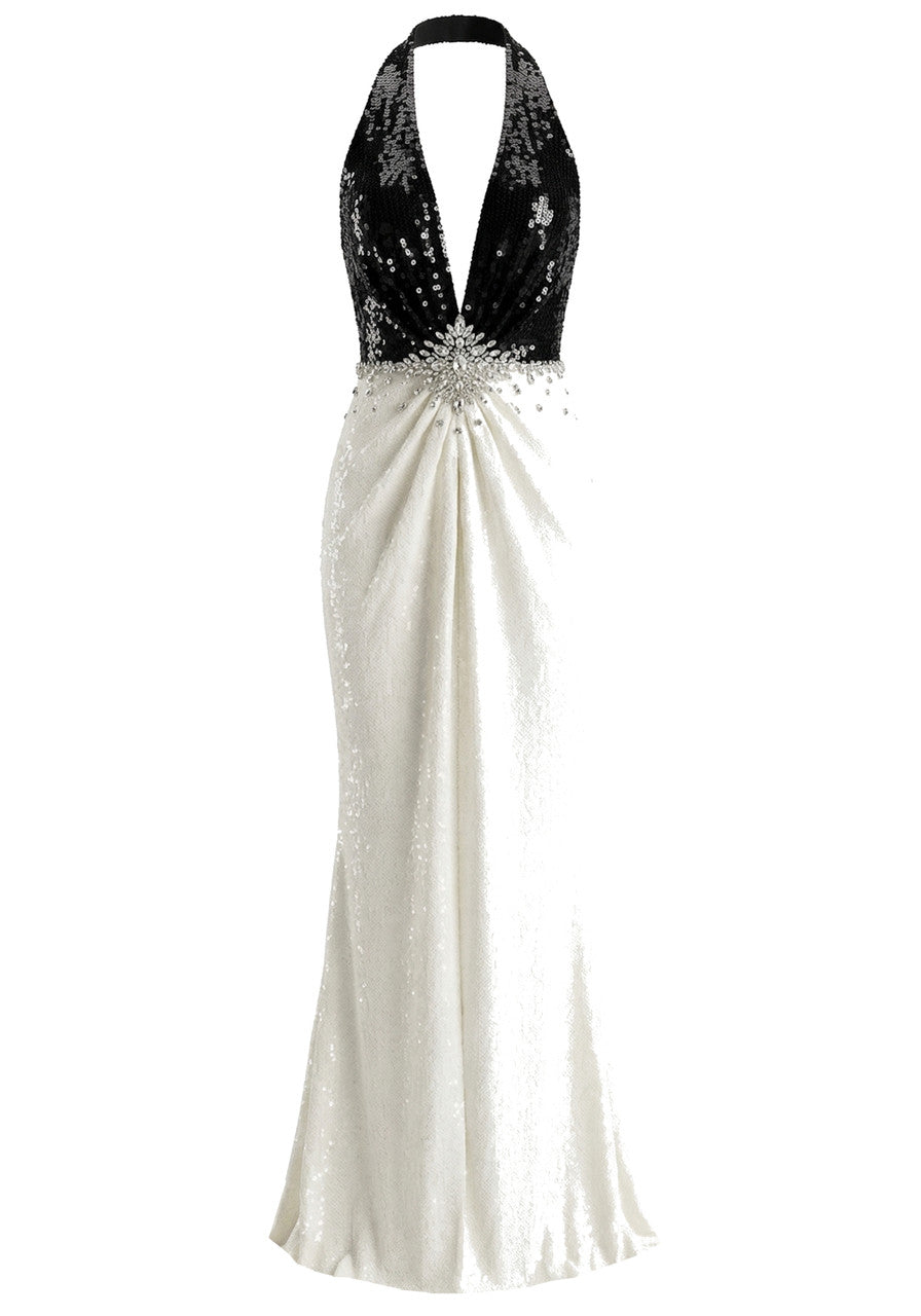 Elegant Halter Neck Open Back Sequin Color Block Rhinestone Detail Mermaid Maxi Prom Dress