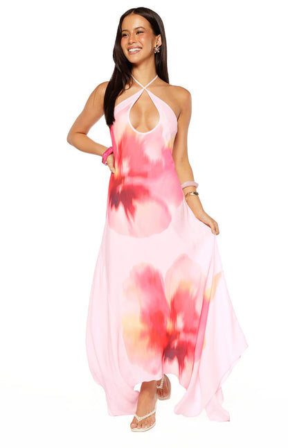 Elegant Halter Neck Open Back Tie Detail Watercolor Floral Print High Low Maxi Prom Dress
