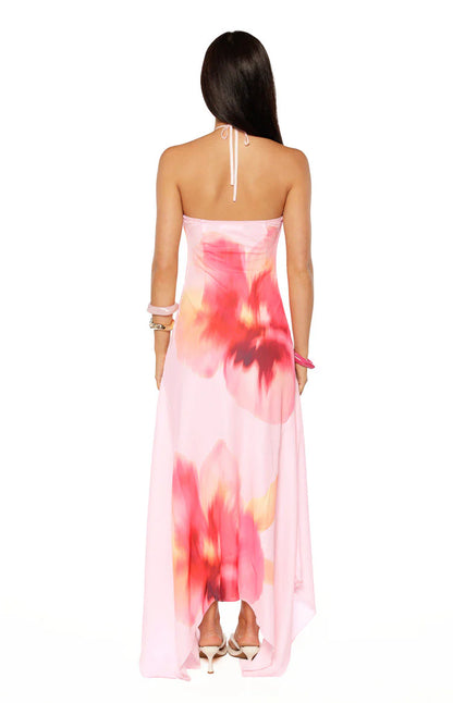 Elegant Halter Neck Open Back Tie Detail Watercolor Floral Print High Low Maxi Prom Dress