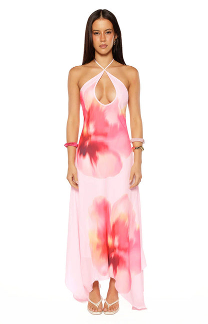 Elegant Halter Neck Open Back Tie Detail Watercolor Floral Print High Low Maxi Prom Dress