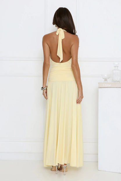 Elegant Halter Neck Plunging V Neckline Rhinestone Trim Open Back Tie Detail High Slit Maxi Evening Dress For Formal Evening Prom Wedding Guest Bridesmaid Beach Wedding Cocktail Party Gala