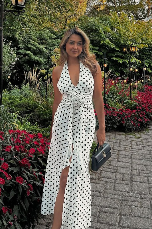 Elegant Halter Neck Polka Dot Maxi Prom Dress With Floral Waist Detail And Slit For Wedding Guest Bridal Shower Formal Evening