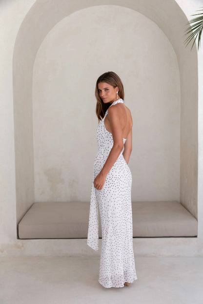 Elegant Halter Neck Polka Dot Print Backless Asymmetric Hem Chiffon Prom Dress For Wedding Guest Formal Evening Gala