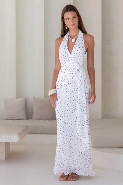 Elegant Halter Neck Polka Dot Print Backless Asymmetric Hem Chiffon Prom Dress For Wedding Guest Formal Evening Gala