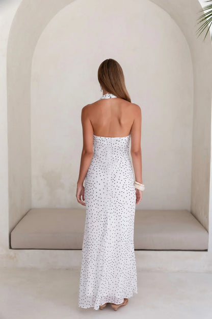 Elegant Halter Neck Polka Dot Print Backless Asymmetric Hem Chiffon Prom Dress For Wedding Guest Formal Evening Gala