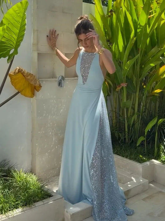 Elegant Halter Neck Rhinestone Embellished Open Back Sequin Panel Maxi Prom Dress For Formal Evening Gala Wedding