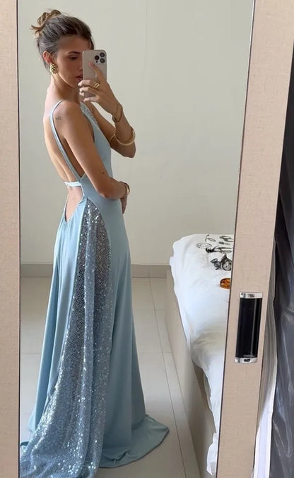 Elegant Halter Neck Rhinestone Embellished Open Back Sequin Panel Maxi Prom Dress For Formal Evening Gala Wedding