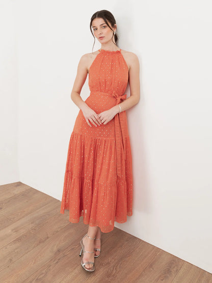 Elegant Halter Neck Ruffle Trim Metallic Dot Tiered Belted Midi Prom Dress For Formal Evening Gala Wedding Guest Bridesmaid