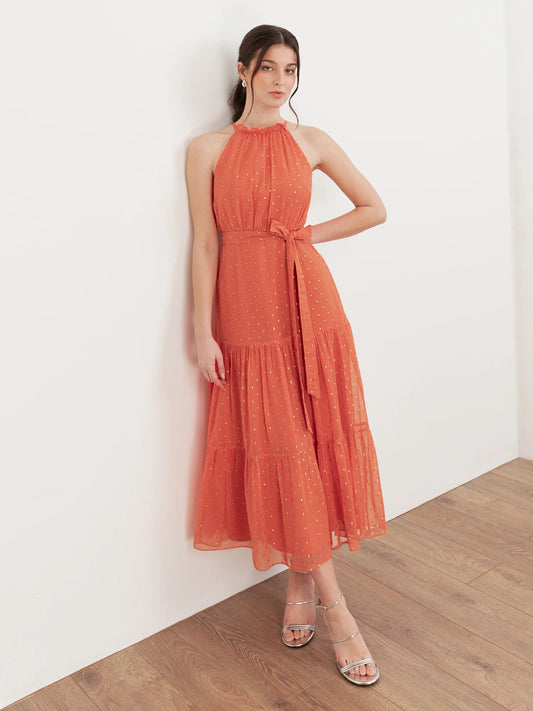 Elegant Halter Neck Ruffle Trim Metallic Dot Tiered Belted Midi Prom Dress For Formal Evening Gala Wedding Guest Bridesmaid
