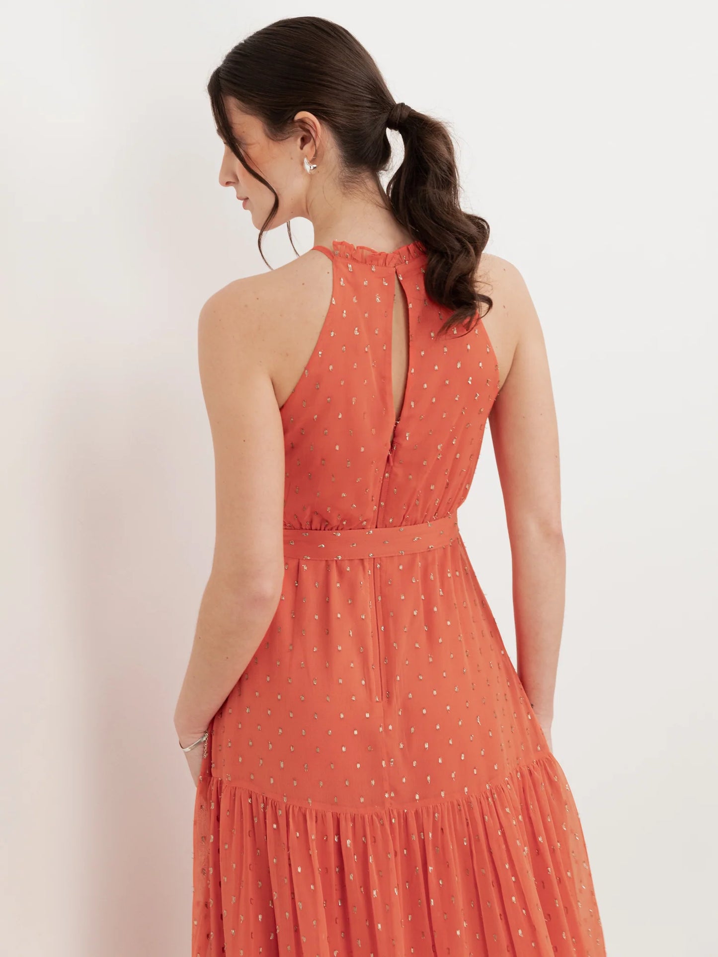 Elegant Halter Neck Ruffle Trim Metallic Dot Tiered Belted Midi Prom Dress For Formal Evening Gala Wedding Guest Bridesmaid
