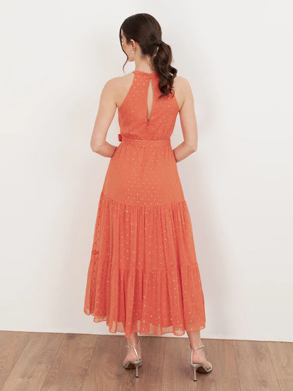 Elegant Halter Neck Ruffle Trim Metallic Dot Tiered Belted Midi Prom Dress For Formal Evening Gala Wedding Guest Bridesmaid