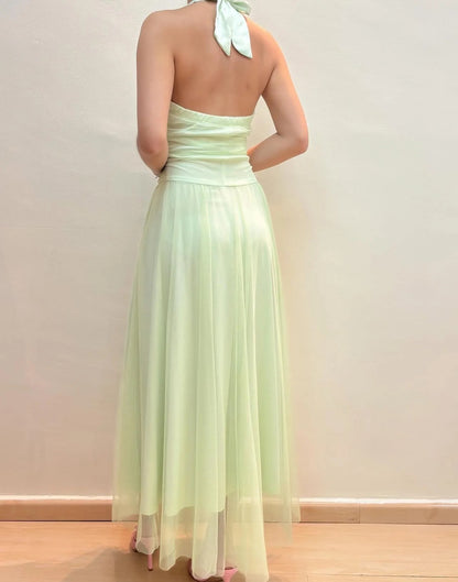Elegant Halter Neck Ruffle Trim Ruched Waist Tulle Midi Prom Dress