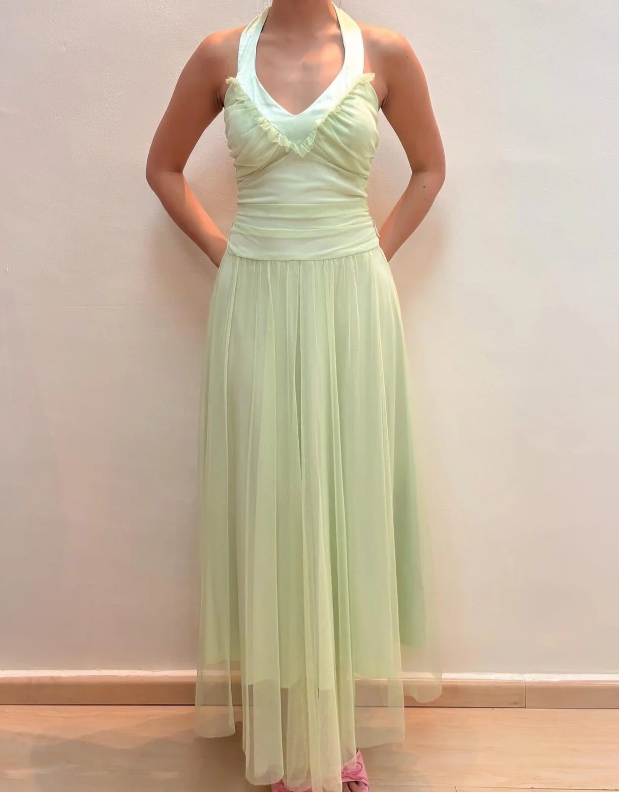 Elegant Halter Neck Ruffle Trim Ruched Waist Tulle Midi Prom Dress