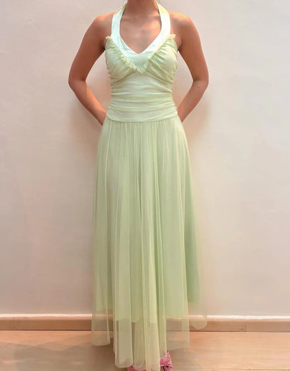 Elegant Halter Neck Ruffle Trim Ruched Waist Tulle Midi Prom Dress