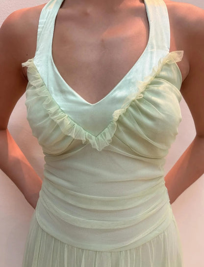 Elegant Halter Neck Ruffle Trim Ruched Waist Tulle Midi Prom Dress